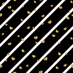 Gold heart seamless pattern. Black-white geometric stripes, golden confetti-hearts. Symbol of love, Valentine day holiday. Design wallpaper, background, fabric texture. Vector illustration