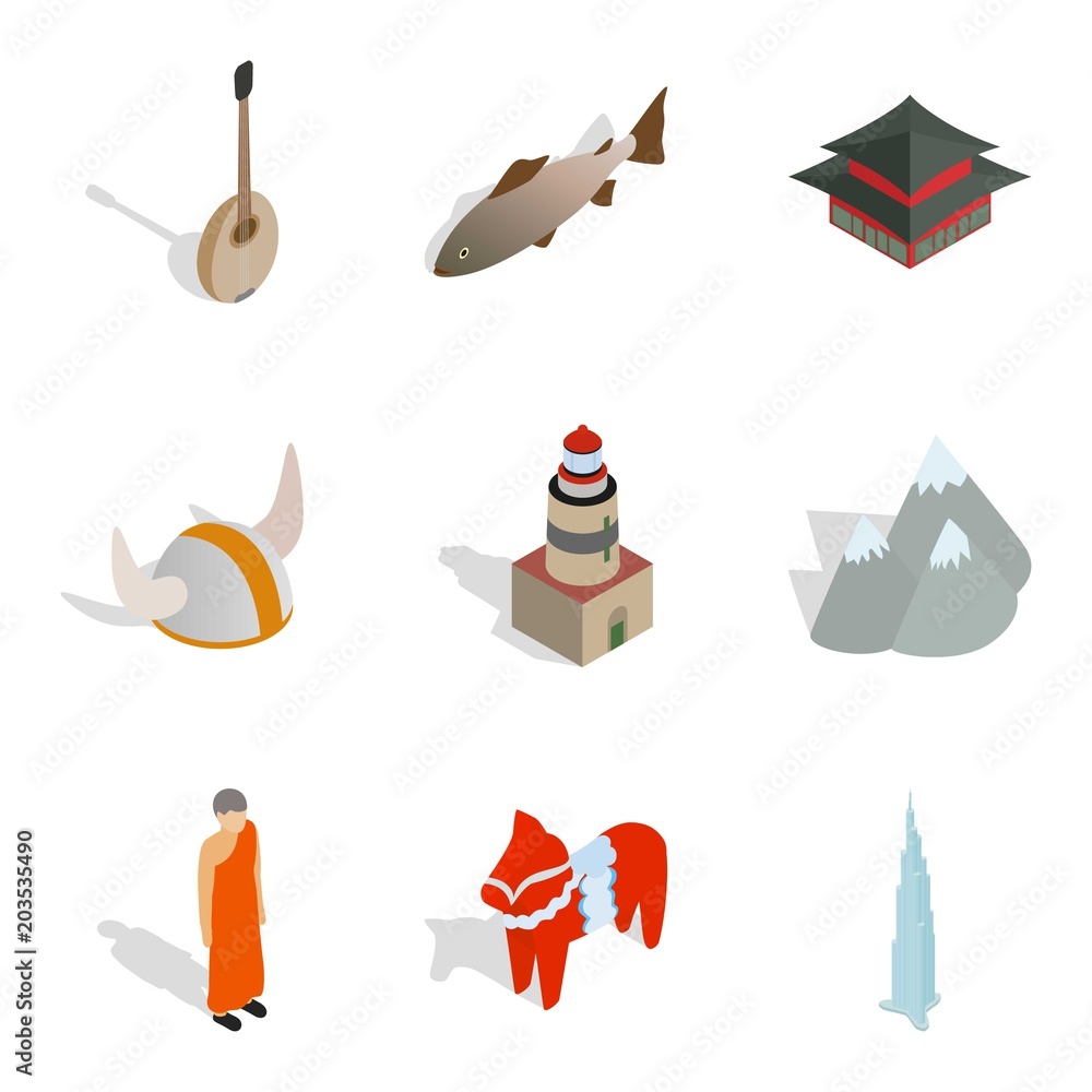 Poster nordic icons set. isometric set of 9 nordic vector icons for web isolated on white background