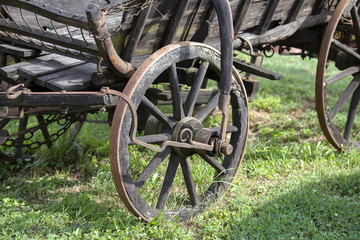 Fototapeta na wymiar Old wheel wooden cart in the garden. Hungary
