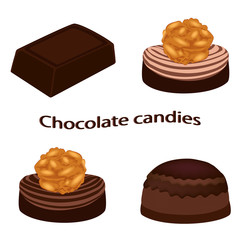 Chocolate and chocolate candies isolated on white background. Vector illustration.