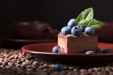 Chocolate cake with blueberries and mint .