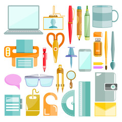 office table flat vector, office supplies, stationery icons color flat design