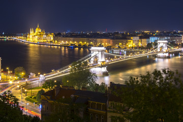 Fototapeta na wymiar Chain bridge and Hungarian parliament at night, Budapest, Hungary