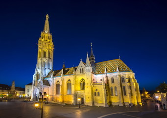 Matthias Church at Fisherman's bastion at night, Budapest, Hungary
