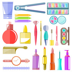 makeup cosmetics and brushes colorful flat design