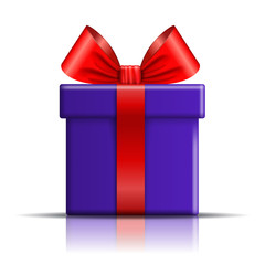 Gift box icon. Surprise present template, red ribbon bow, isolated white background. 3D design decoration for Christmas, New Year holiday, birthday celebration, Valentine Day. Vector illustration