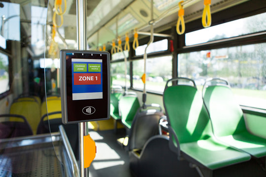 Validator in the city bus for paying using NFC cards