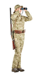female hunter with double barreled shotgun Isolated on white background.