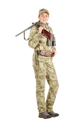 female hunter with double barreled shotgun Isolated on white background.