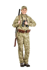 female hunter with double barreled shotgun Isolated on white background.