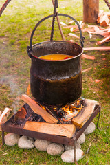 Soup with spicy pepper is cooked in a cauldron on an open fire