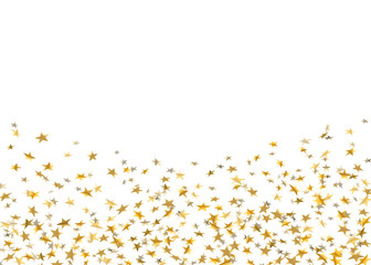 Gold stars falling confetti isolated on white background. Golden design festive party, birthday celebration, carnival, anniversary. Stars confetti decoration explosion on floor. Vector illusttration