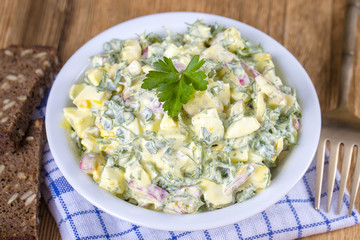 Salad of radish, boiled egg, parsley and sour cream in white bowl - healthy breakfast concept