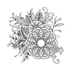 Floral pattern in black and white. Adult coloring book page with flowers and mandala. Art therapy, anti stress coloring page. Hand drawn vector illustration