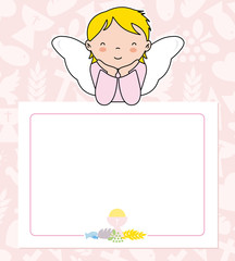 communion card. angel girl with wings on top of poster. space for text