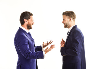 Men in suits or business partners speaking on white background.