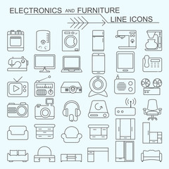 Set electronics and furniture vector line icons editable stroke