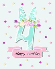 Vector illustration with number Four, Bunny ears and flower wreath. Template for Birthday, party invitation, greeting card, pet shop. Cute Number Four as fourth year anniversary logo, patch, sticker