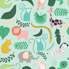 vector little jungle animal seamless repeat background pattern - 203540031