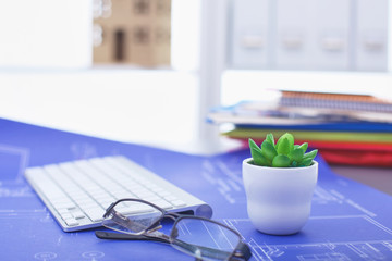 Workplace with notebook laptop Comfortable work table in office