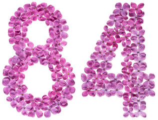 Arabic numeral 84, eighty four, from flowers of lilac, isolated on white background