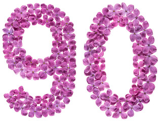 Arabic numeral 90, ninety, from flowers of lilac, isolated on white background
