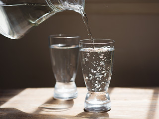 Glass of water on a wooden table