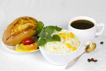 Healthy Breakfast of rice and coffee with the bun