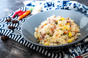 Cantonese fried basmati rice with ham and eggs