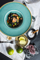 Cuttlefish Ink Black Pasta with Salmon and Vegetables