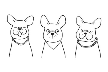 Vector illustration character design outline set of portrait french bulldog Draw doodle style