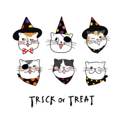 Vector illustration set  design different emotion face of cat for Halloween day Draw doodle style