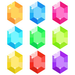 Simple, flat hexagon gemstone icon. Nine color variations. Isolated on white