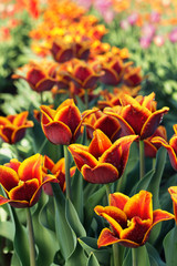 Field of tulips close-up. Many red and orange flowers. Shallow depth of field
