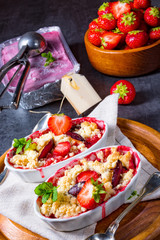 strawberry tart with vanilla pudding and ice cream