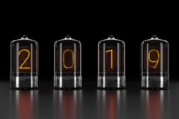 Nixie tube indicator, lamp gas-discharge indicator on dark background. The number 2019 of retro. 3d...