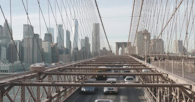 Scenic view of Manhattan skyline from Brooklyn Bridge