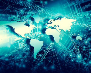 World map on a technological background, glowing lines symbols of the Internet, radio, television, mobile and satellite communications.