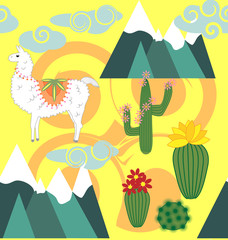 Vector Illustration of seamless pattern with cute cartoon llama alpaca with cactus and design elements on pink background in flat cartoon style.