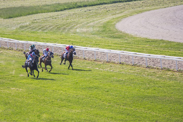 Galloping race horses and jockeys in racing competition
