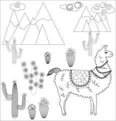 Coloring page of cartoon lama. Vector illustration, coloring book for kids.
