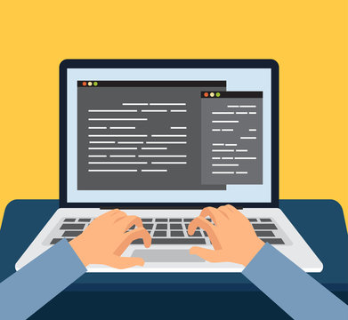 programmer working on pc laptop with program code on screen, coding and programming vector illustration