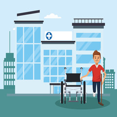 Patient on wheelchair outside hospital cartoons vector illustration graphic design