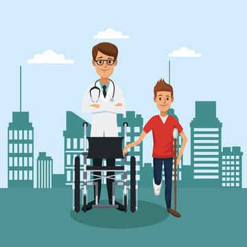 Patient on wheelchair outside hospital cartoons vector illustration graphic design