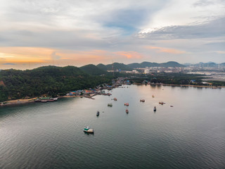 Aerial Fishing boat  boat in blue sea on solf sky .