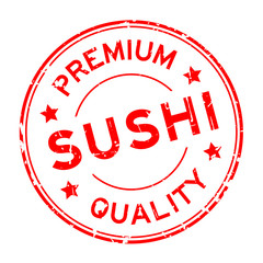 Grunge red premium quality sushi round rubber seal stamp on white background