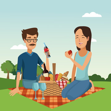 Couple in picnic at park vector illustration graphic design