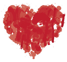 Vector red graphic abstract illustration of heart sign with ink blots, brush strokes, drops. Bloody heart with spots and splashes isolated on white background