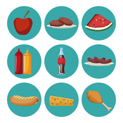 Set of picnic food collection on round symbols vector illustration graphic design