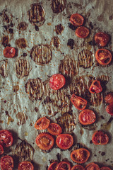 Roasted Cherry Tomatoes with Salt, Black Sesame and Olive Oil. Rustic Style.